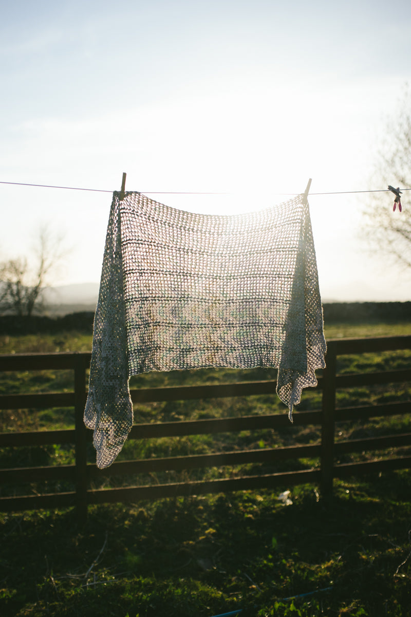 a wrap made in laceweight yarn is pinned to a washing line in a garden the light shines through