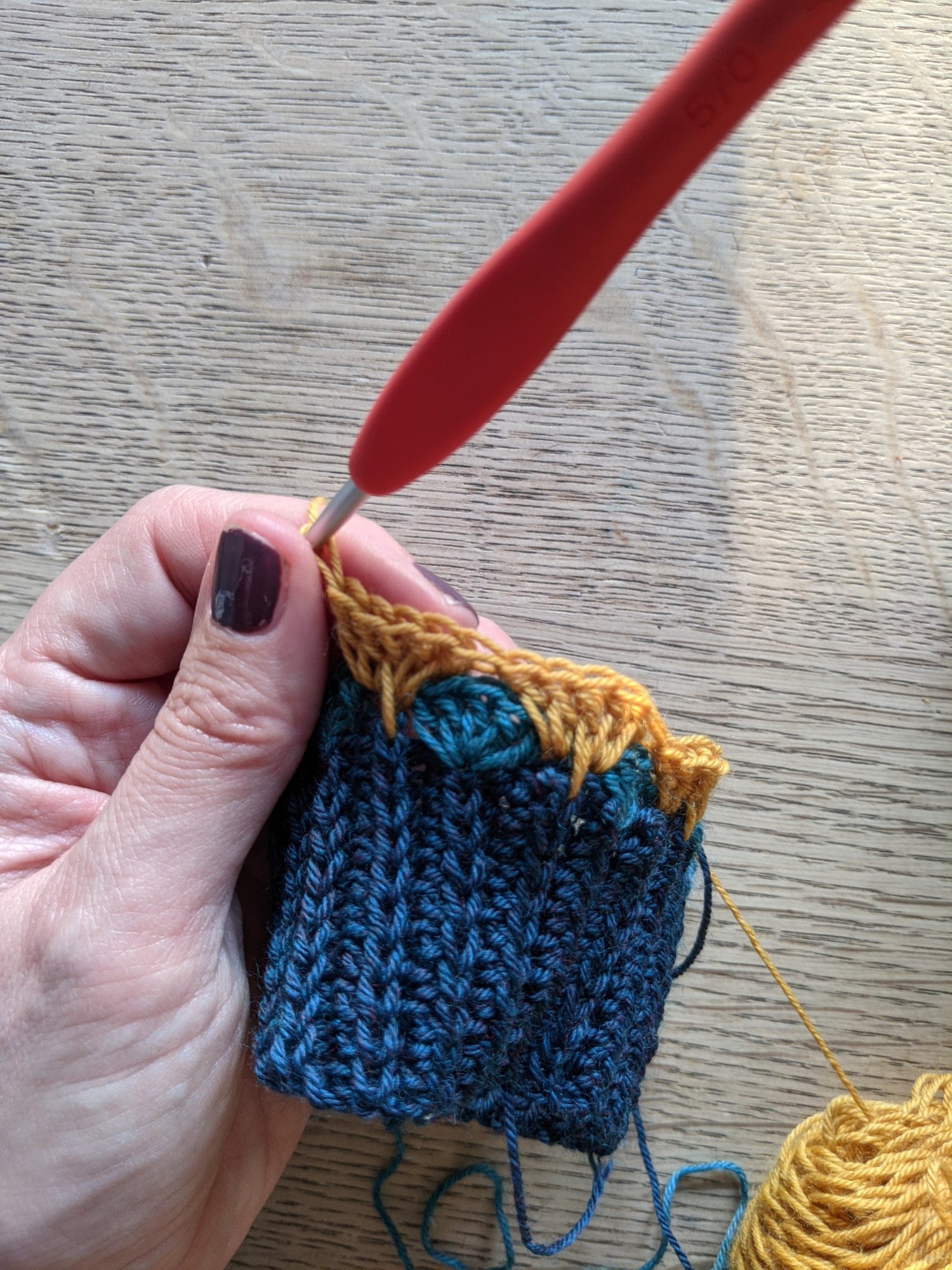 hand holds a hook and section of crochet ribbing